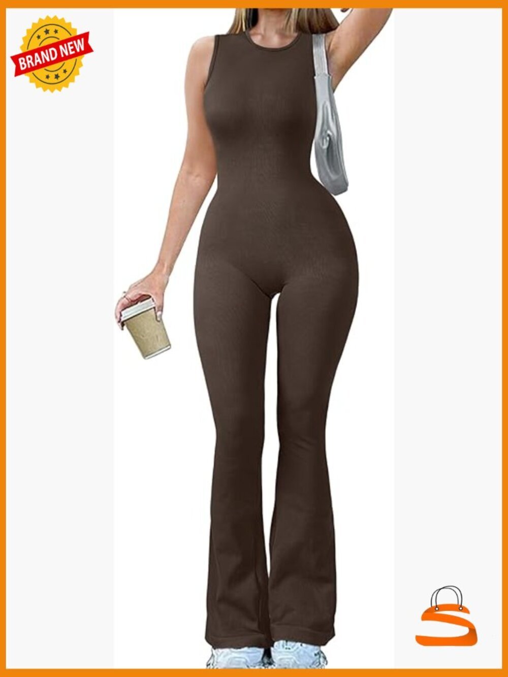 Ribbed Crew Neck Sleeveless Bell Bottom Flare Jumpsuit Yoga Jumpsuit